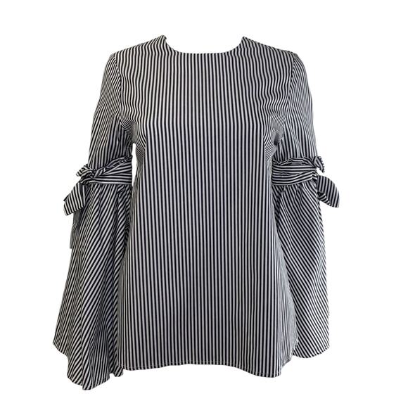 Neiman Marcus Bow Bell Sleeve Blouse Size S Black White Striped Statement Cotton - Picture 1 of 9